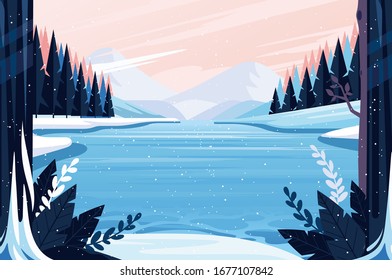 flat nature with lake landscape background  