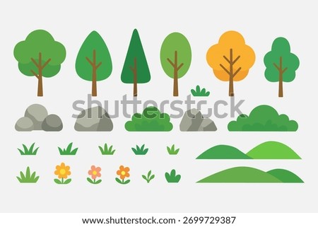 Flat Nature Landscape Elements Set with Trees, Bushes, Rocks, Grass, and Flowers in Simple Minimalist Design for Outdoor Scene and Environment Illustration