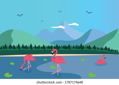 Flat nature landscape flamingo group at lagoon.