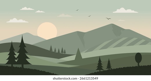 Flat Nature Landscape with Mountains, Forest, and Sunrise Scene.	