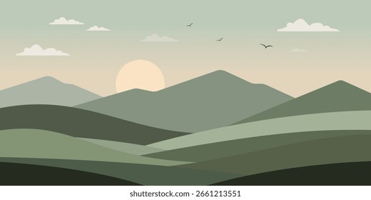 Flache Naturlandschaft mit Bergen, Wald und Sonnenaufgang.	