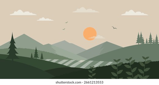 Paisaje plano de la Naturaleza con las montañas, el bosque, y la escena de la salida del sol.	
