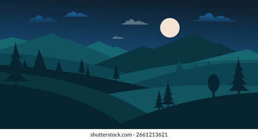 Paisaje de Naturaleza plana con montañas, bosque y escena nocturna.	