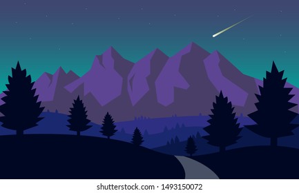 flat nature landscape, natural scenery illustration, mountain, trees, background, nature vector, hills, background for video, video game,dekstop wallper,wallpaper,vectorstock background