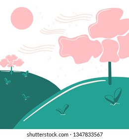 flat nature landscape with pink trees at green hills. sky with wind lines and sun circle. flat romance concept. 
