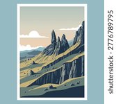 Flat nature landscape vector illustration of the Old Man of Storr
