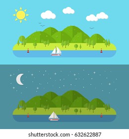 Flat nature landscape. Vector illustration with sun, moon, ship and stars.