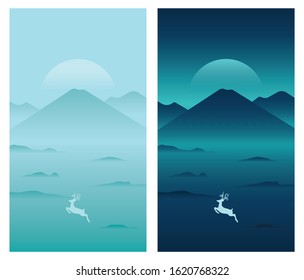 flat nature mountain with deer in the mist sunset and night vector illustration for posters, cover design templates, smartphone wallpapers