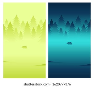 flat nature mountain with deer in the mist day and night vector illustration for posters, cover design templates, smartphone wallpapers