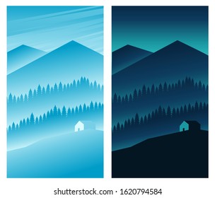 flat nature mountain forest day and night vector illustration for posters, cover design templates, smartphone wallpapers