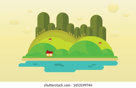 Flat Natur Berggipfel Design mit Wasserlandschaft. Vektorillustration. Sommerurlaub-Konzept.