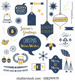 Flat navy blue and orange Christmas icons and design elements set on white background
