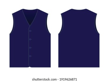 Flat Navy Blue Vest Template Vector On White Background.Front and Back Views.