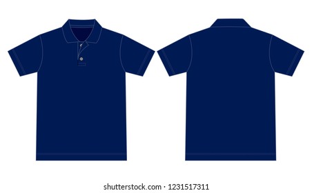Flat Navy Short Polo Shirt Vector For Template.Front And Back Views.