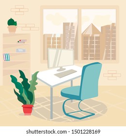 Flat Neat and Clean Workspace Cartoon Illustration. Vector Office Interior. Table and Computer, Houseplant in Pot, Chair, Bookshelves with Documents. Cityscape View from Window. Comfortable Workroom