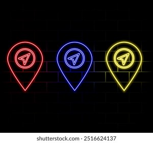 Flat neon icon. Pin smartphone. Vector illustration map. Place symbol. Delivery service. Travel concept