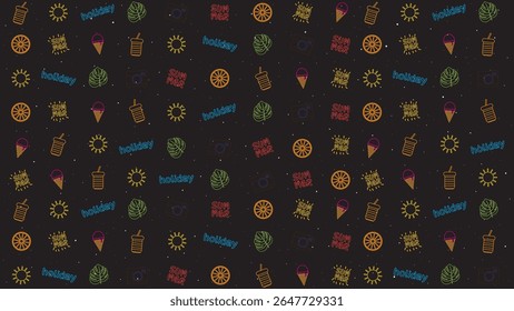 Flat Neon Summer Icons Seamless Pattern for Holiday Poster and Tropical Background Design