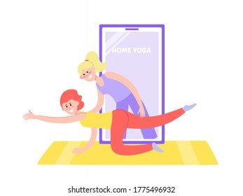 Flat neon web vector illustration of yoga online with girl in poses doing physical exercises and coach of workout in smartphone.
