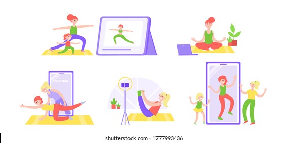 Flat neon web vector set of yoga online with woman in poses doing physical exercises and watching online classes via tablet or laptop, smartphone with coach