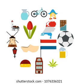 Flat Netherlands icons set. Universal Netherlands icons to use for web and mobile UI, set of basic Netherlands elements isolated vector illustration