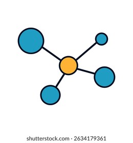 Flat network connection diagram with colored nodes representing data sharing, communication, or system integration