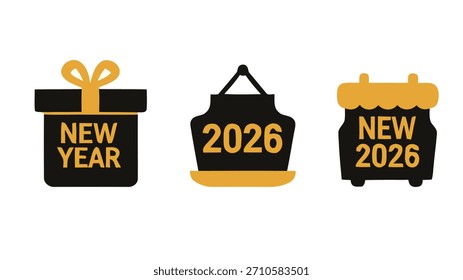 Conjunto de iconos planos de año Nuevo 2026 con caja de regalo y símbolos de calendario en estilo negro y dorado para diseño navideño, redes sociales, carteles, Anuncios, marca y promociones festivas.