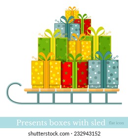 flat new year gift-box on sled isolated on white