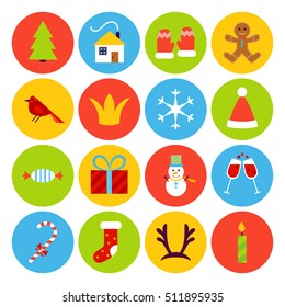 Flat New Year Icons. Vector Illustration. Merry Christmas Holiday. Collection of Circle Symbols.