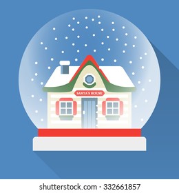 Flat New Year snow globe. Christmas snow globe. Vector snow globe isolated. Merry Christmas glass ball with a Santa`s House inside.