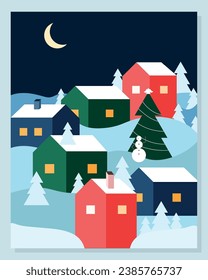 Flat New Year's illustration. Bright vector landscape. Christmas night