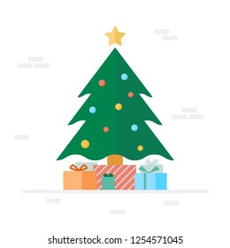 Flat New Year's vector illustration with a Christmas tree and gifts.
