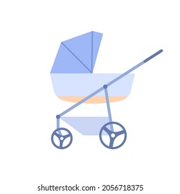 Flat newborn perambulator blue color icon. Baby care accessory design isolated on white background. Modern childcare outdoor walking kids carriage vector illustration.