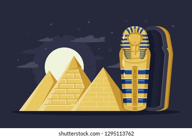 Flat night ancient Egypt with pyramids, moon and Pharaoh s sarcophagus. Concept trip, mysterious overseas attractions. Vector illustration.
