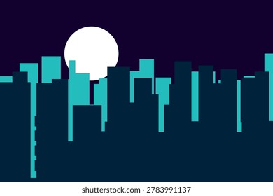 Flat Night Cityscape with Tall Buildings Under Moonlight, Urban Skyline Vector Illustration