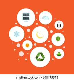 Flat Night, Conservation, Sun Power And Other Vector Elements. Set Of Green Flat Symbols Also Includes Nature, Clouds, Night Objects.