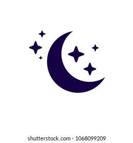 Flat night icon. Moon symbol. Vector illustration isolated on white background. Template pictogram of dreams, dark sky space. High quality handdrawn copyspace stars. 