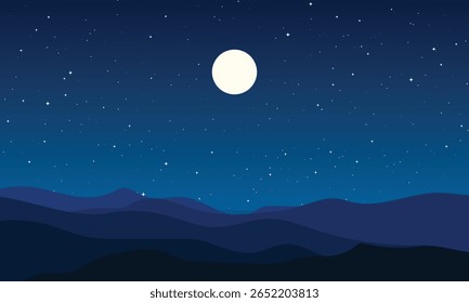 flat night landscape featuring full moon, starry, sky, and layered blue hills.