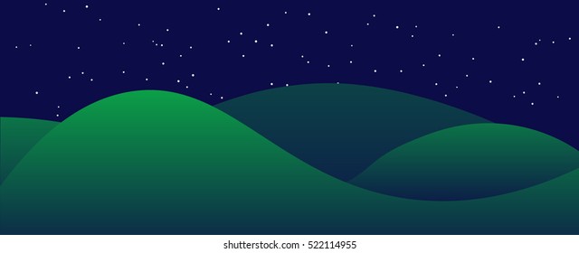 Flat night landscape with hills and starry sky.