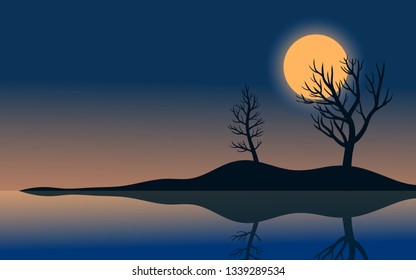 flat night landscape illustration with bare trees and moon