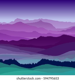 Flat night landscape illustration. Beautiful hills, vector design