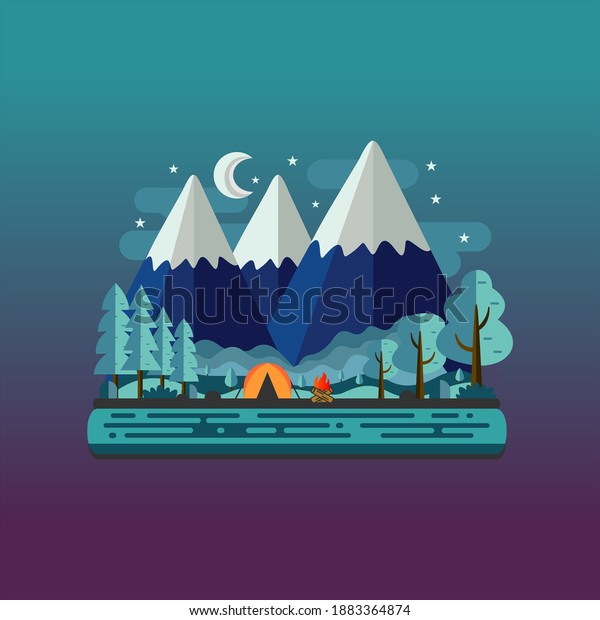 flat night\
landscape moon light and river background vector Illustrations of\
beautiful forest scenes