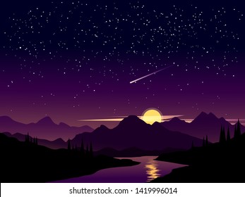 flat night landscape with shooting star