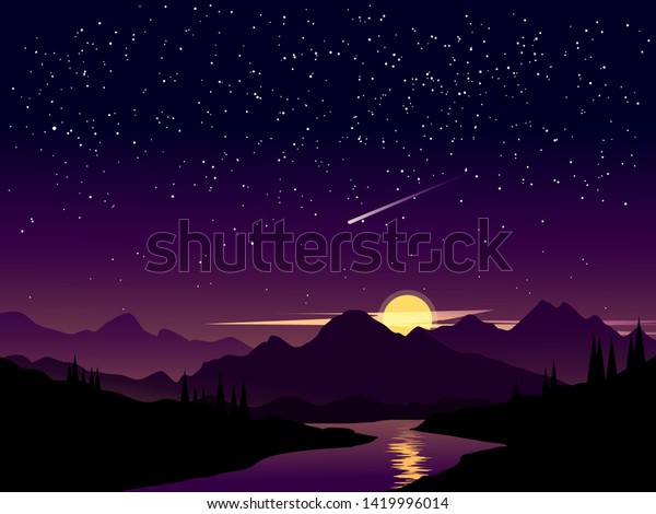 流星を持つ平らな夜景 のベクター画像素材 ロイヤリティフリー