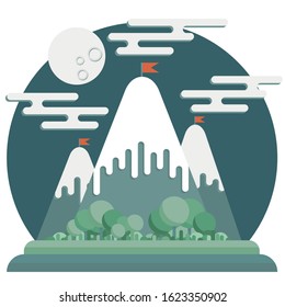 Flat night mountain landscape. At the top of the mountains are red flags. Success, goal, achievement. A valley with a pretty green forest. Muted colors. Moon in the sky.