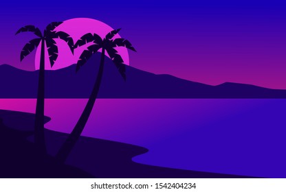 flat night nature landscape with palm trees