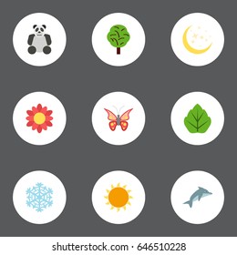 Flat Night, Playful Fish, Sunshine And Other Vector Elements. Set Of Eco Flat Symbols Also Includes Night, Playful, Snow Objects.
