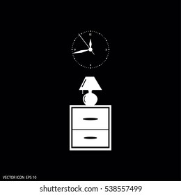 Flat nightstand with clock and lamp. Living room.Bedside table.