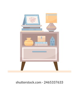 Flaches Nachttischkonzept mit Lampe und dekorativem Bild. Interieur-Artikel von gemütlichen modernen Mitte-Jahrhundert-Design mit Büchern und Vase auf Nachttisch. Vektorgrafik Cartoon Illustration mit Wohndekor Elemente