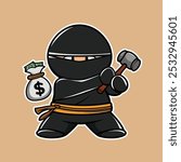 flat ninja assassin holding a gavel and a money bag wearing a black suit