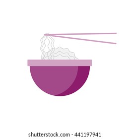 Flat noodles illustration. Street spaghetti icon. Fresh udon vector with asian sticks. Isolated rice noodles on white background. Street fast food